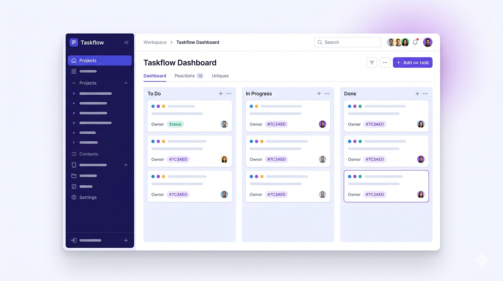 Vista principal de Taskflow mostrando el tablero de proyecto